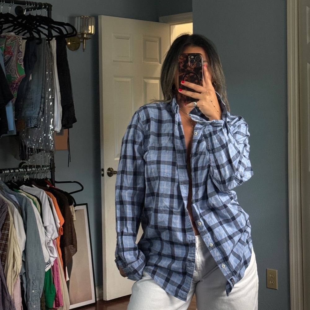 American Eagle Seriously Soft Flannel Shirt Mens LT Blue Plaid Classic Fit LT
